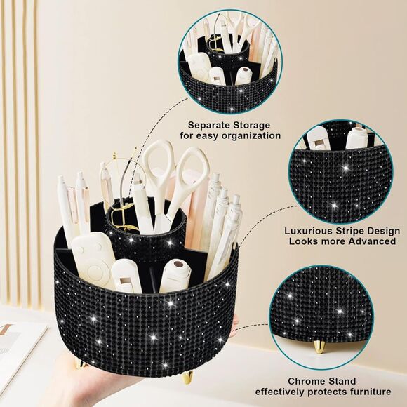 Diesisa 5 Slot Makeup Brush Diamond Black Cup 360° Rotating Makeup Brush Holder - Picture 4 of 5